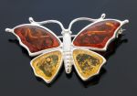 Srebrna broszka motyl z kolorowym bursztynem AR01a