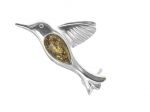 Koliber srebrna dyskretna broszka z bursztynem