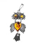 Owl silver pendant with amber