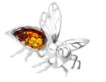 Pszczoła srebrna broszka z bursztynem